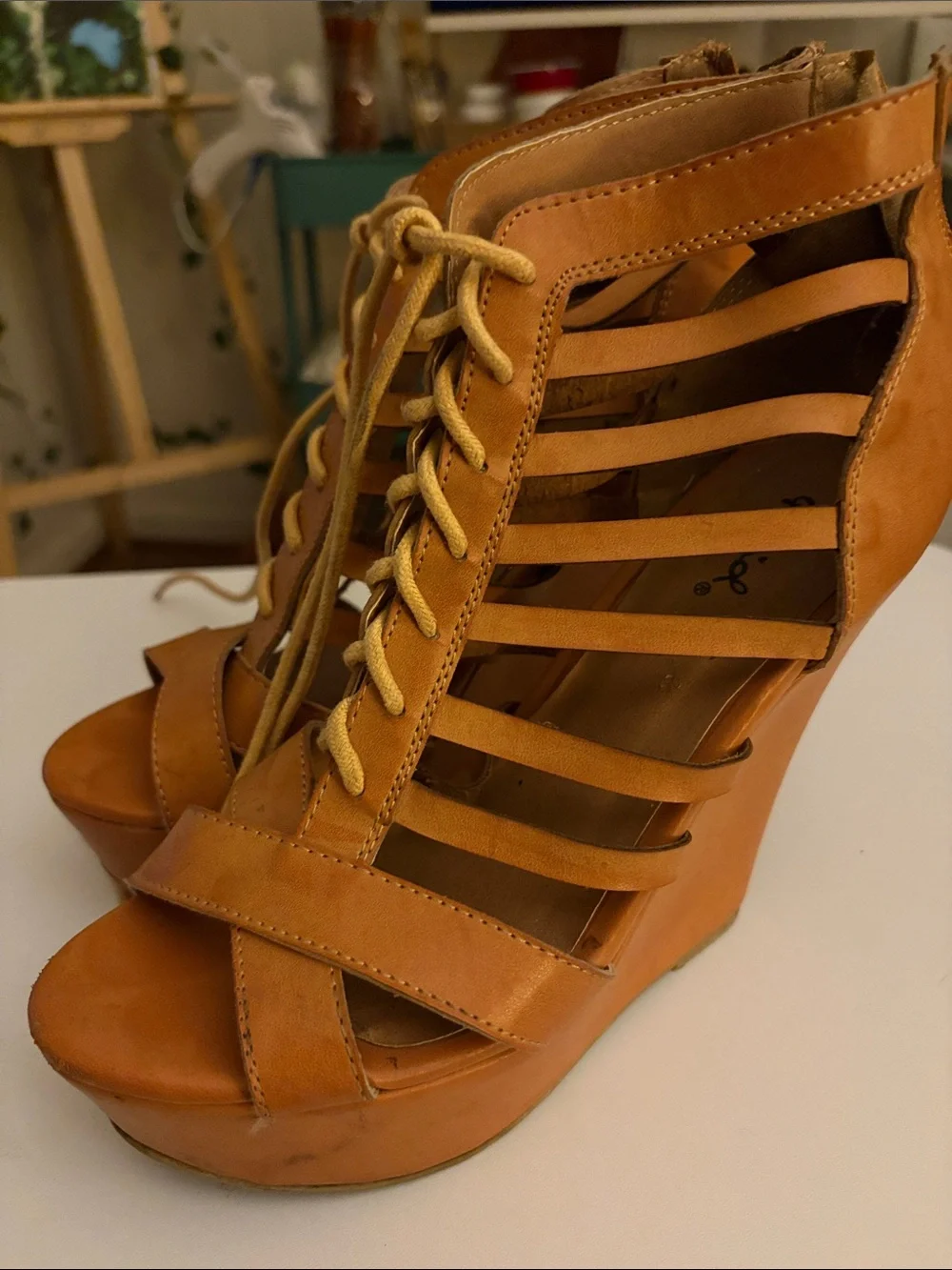 Qupid Cognac Lace-Up Strappy Platform Heels